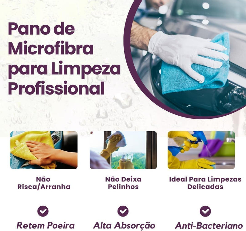 Pano Alta Performance, Kit Com 5 Unidades - Microfibra Multiuso Limpeza de Vidro, Casa, Carro, Automóvel