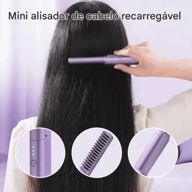 Mini Pente Alisador de Cabelo Sem Fio Recarregável Por USB Anti-Frizz Portátil, Escova Elétrica Compacta, Design Leve, Temperatura Ajustável, Ideal para Viagens e Uso Diário
