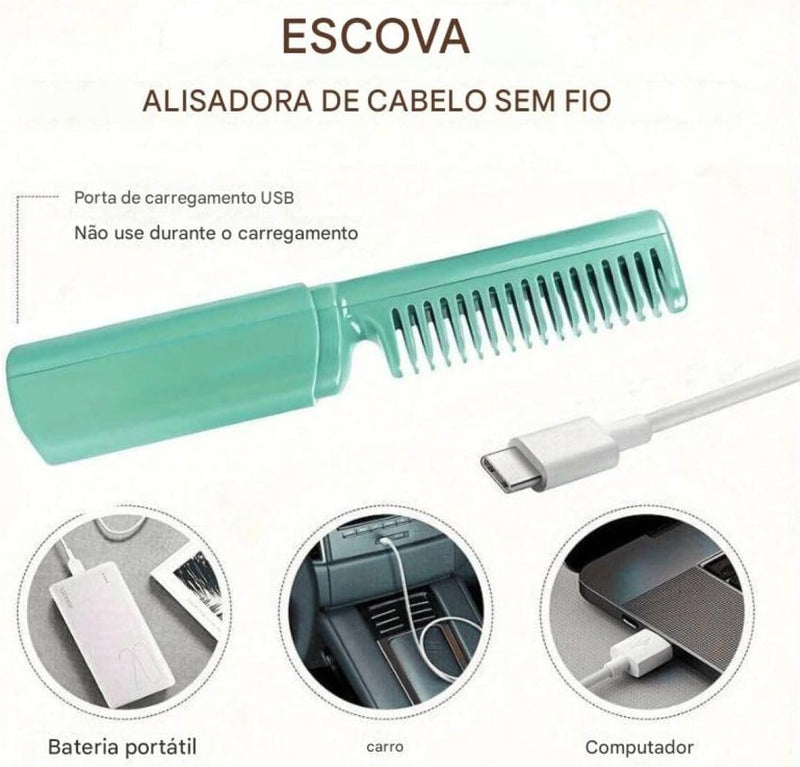 Mini Pente Alisador de Cabelo Sem Fio Recarregável Por USB Anti-Frizz Portátil, Escova Elétrica Compacta, Design Leve, Temperatura Ajustável, Ideal para Viagens e Uso Diário