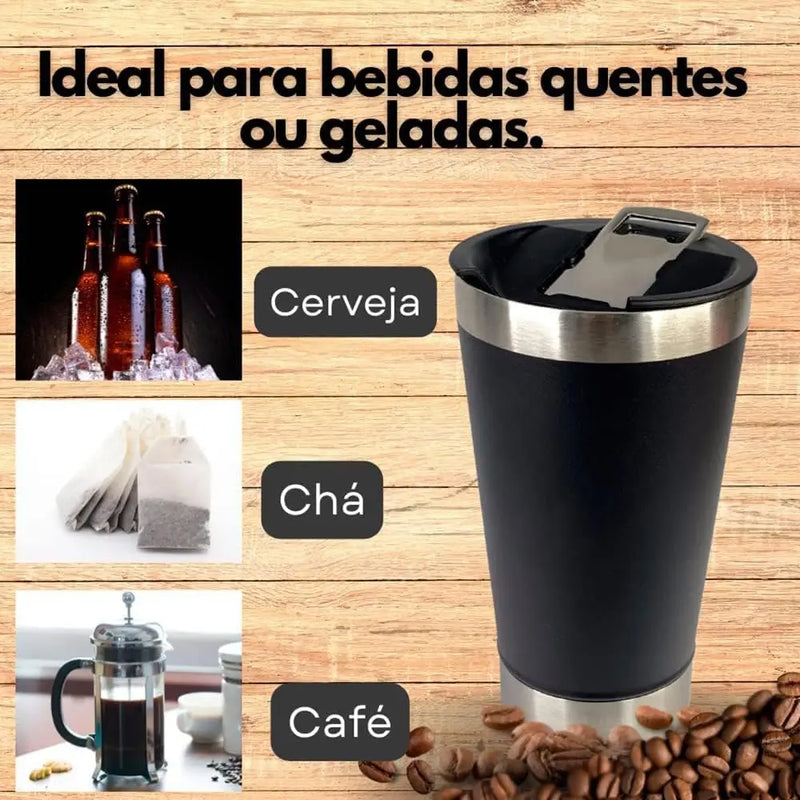 Copo Térmico 473ml COM TAMPA E Abridor Inox Para Quente e Gelado